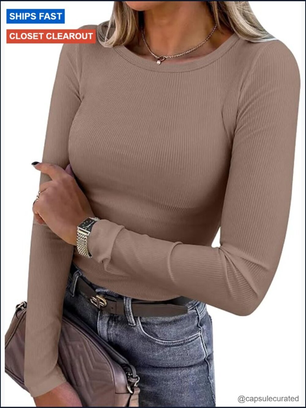 Long Sleeve Rib Knit Slim Fit Crewneck T-Shirt Soft Top Layering Casual Tee